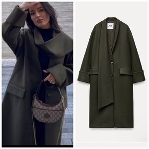 ZARA KHAKI MANTECO WOOL SCARF COAT size XS/S